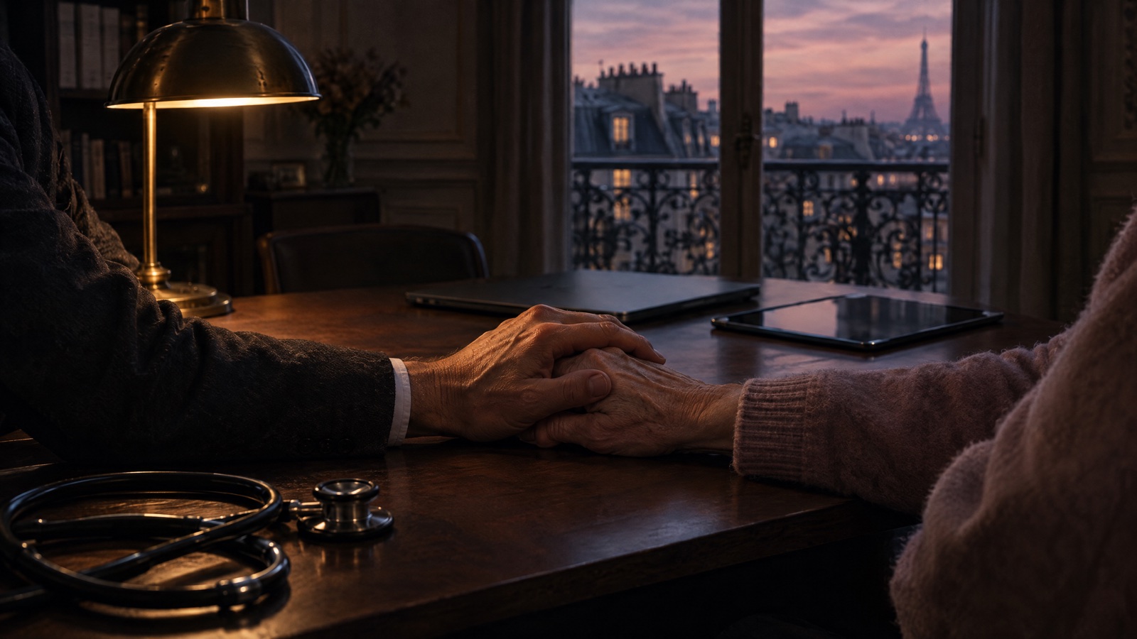 La mano de un médico sostiene con delicadeza la de un paciente al atardecer, en una consulta de París, con un portátil cerrado apartado sobre el escritorio